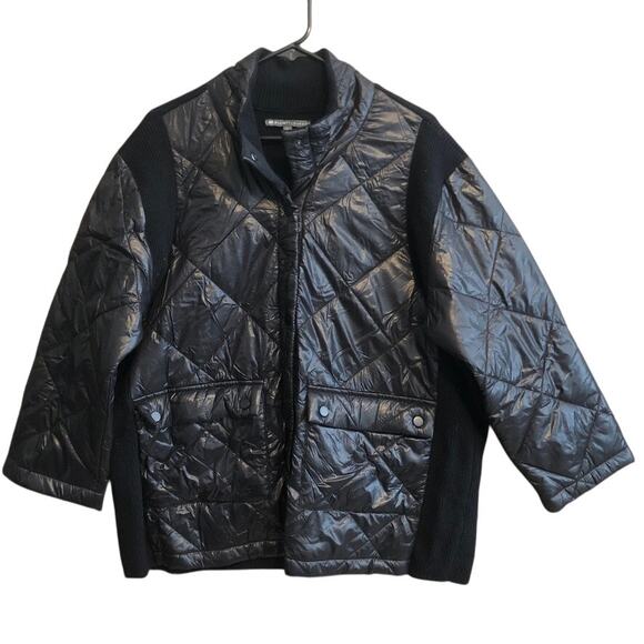 Elliott Lauren Womens Jacket Black Quilted Mock Neck Nylon Buttons Silk Blend XL - Picture 1 of 13